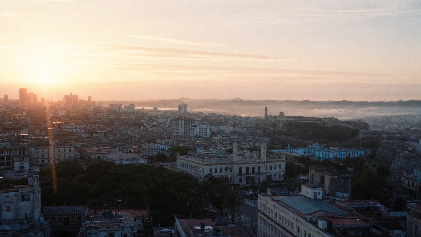 Sunrise aerial-style view of Havana, the signature opening shot most photography tours begin with