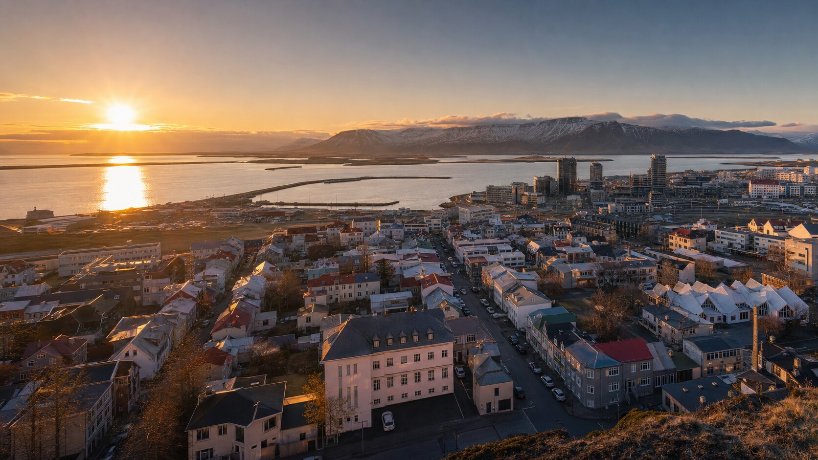 Iceland Reykjavik photography tour at golden hour — wide landscape view from the main scenic vantage point used by photographer-led tours