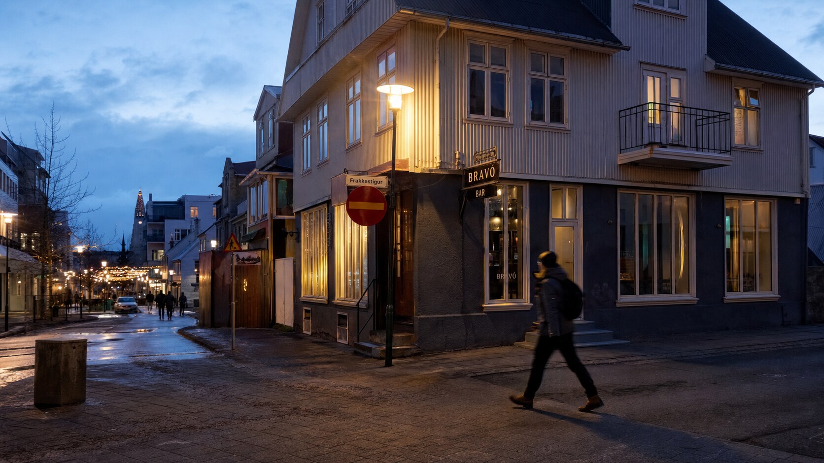 Blue hour street photography scene in Iceland Reykjavik during a guided photography tour, showing the kind of low-light composition tour photographers cover