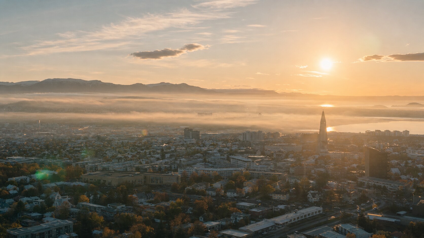 Sunrise aerial-style view of Iceland Reykjavik, the signature opening shot most photography tours begin with
