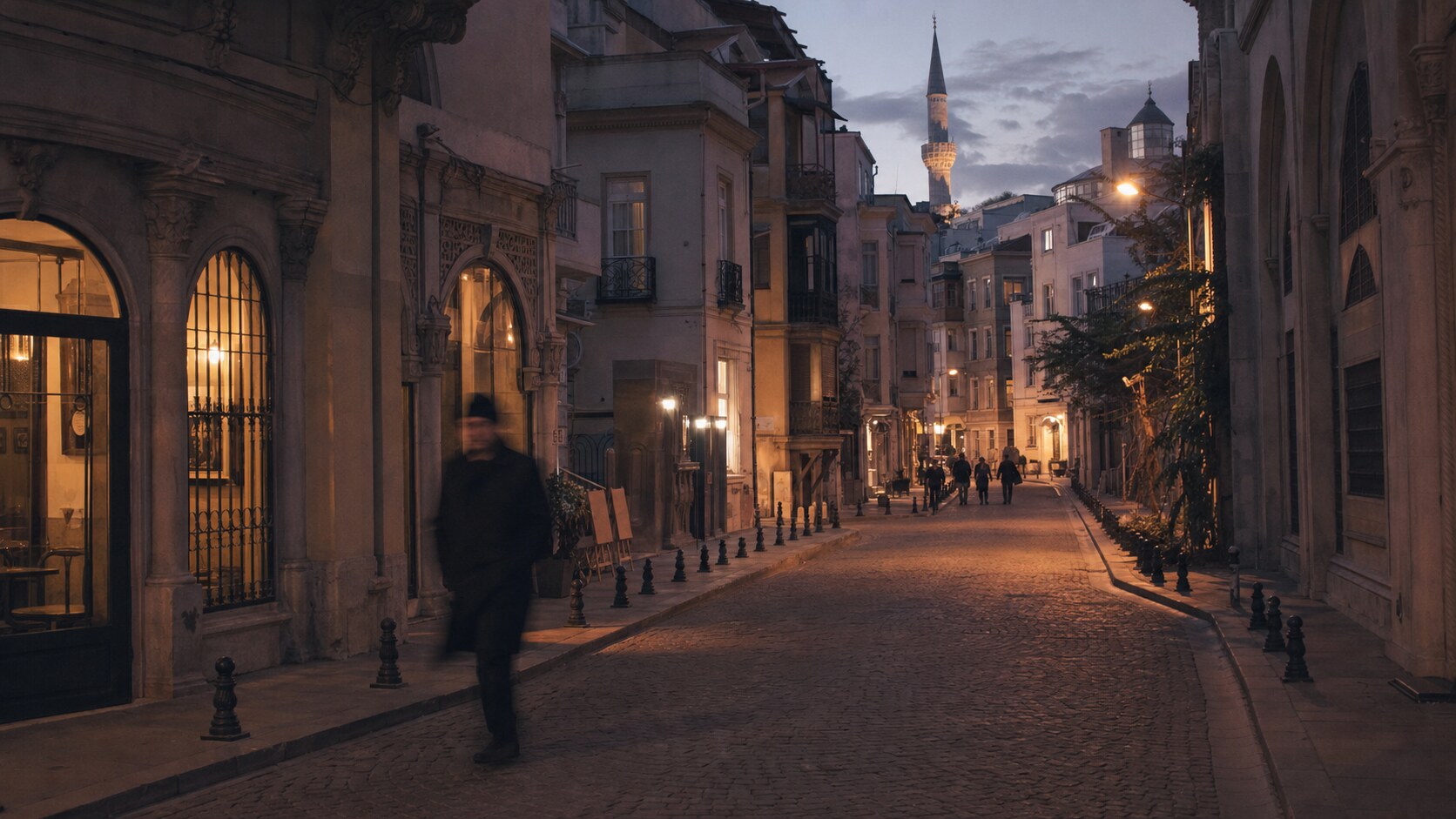 Blue hour street photography scene in Istanbul during a guided photography tour, showing the kind of low-light composition tour photographers cover