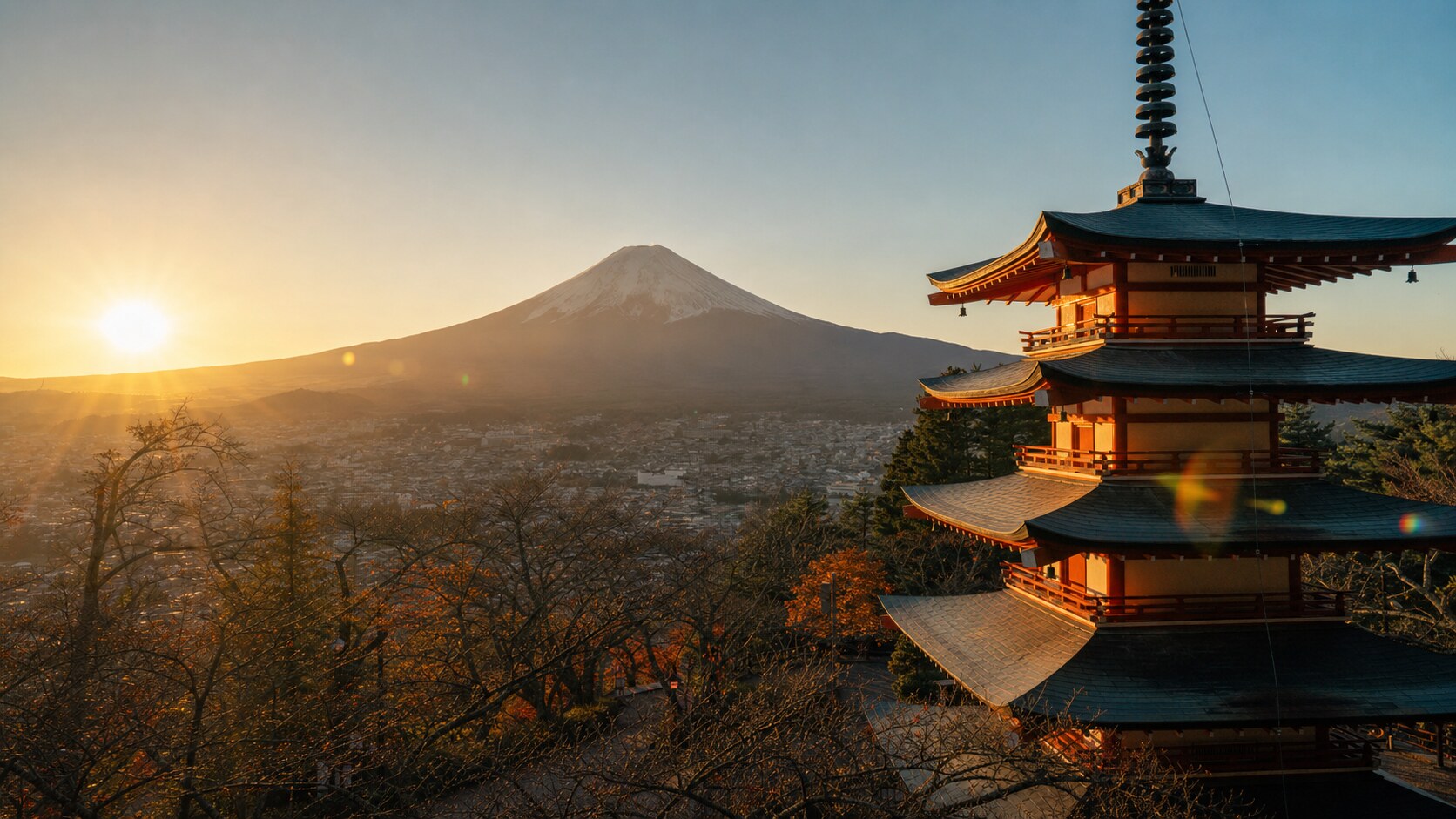 Japan photography tour at golden hour — wide landscape view from the main scenic vantage point used by photographer-led tours