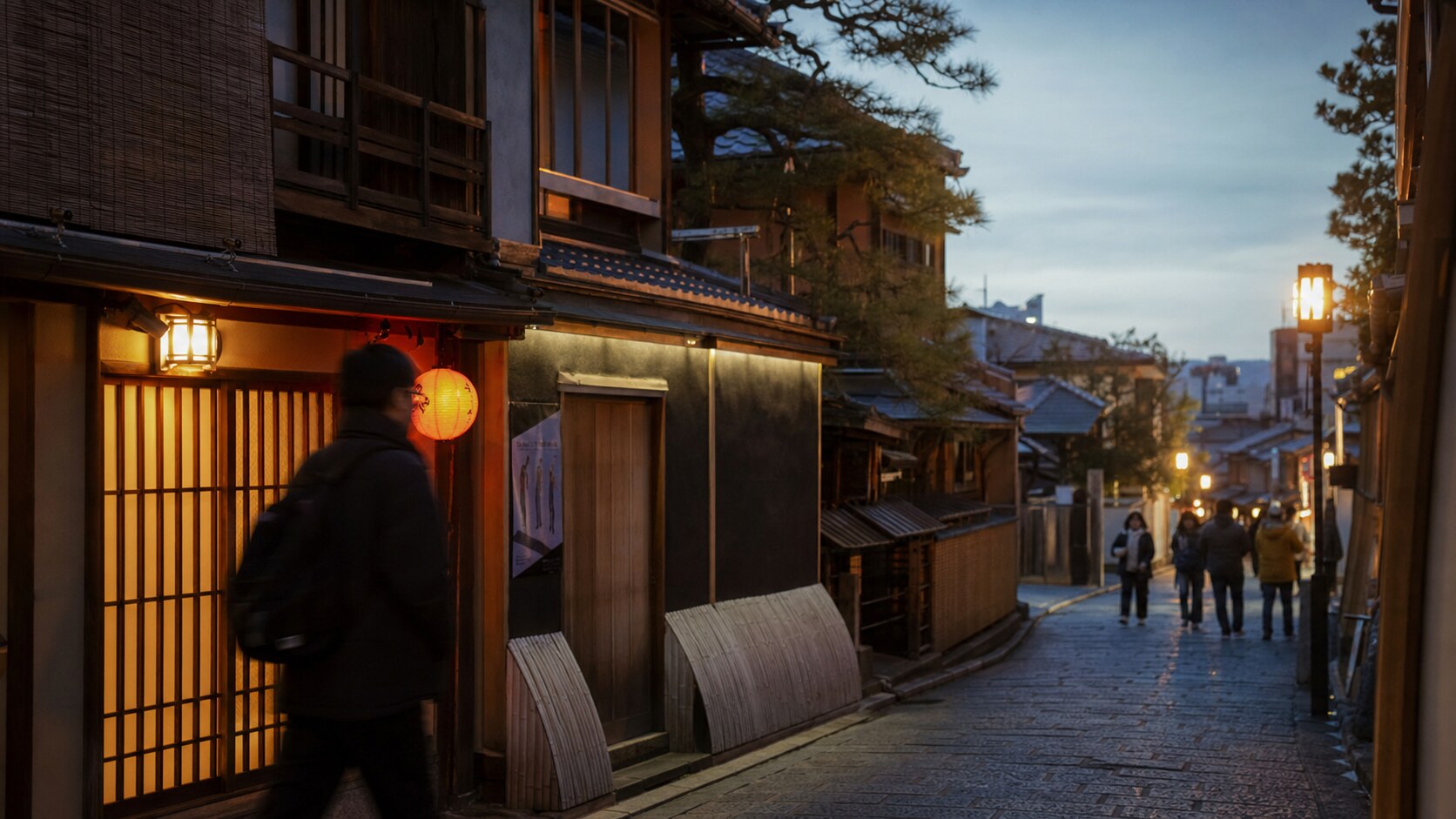 Blue hour street photography scene in Japan during a guided photography tour, showing the kind of low-light composition tour photographers cover