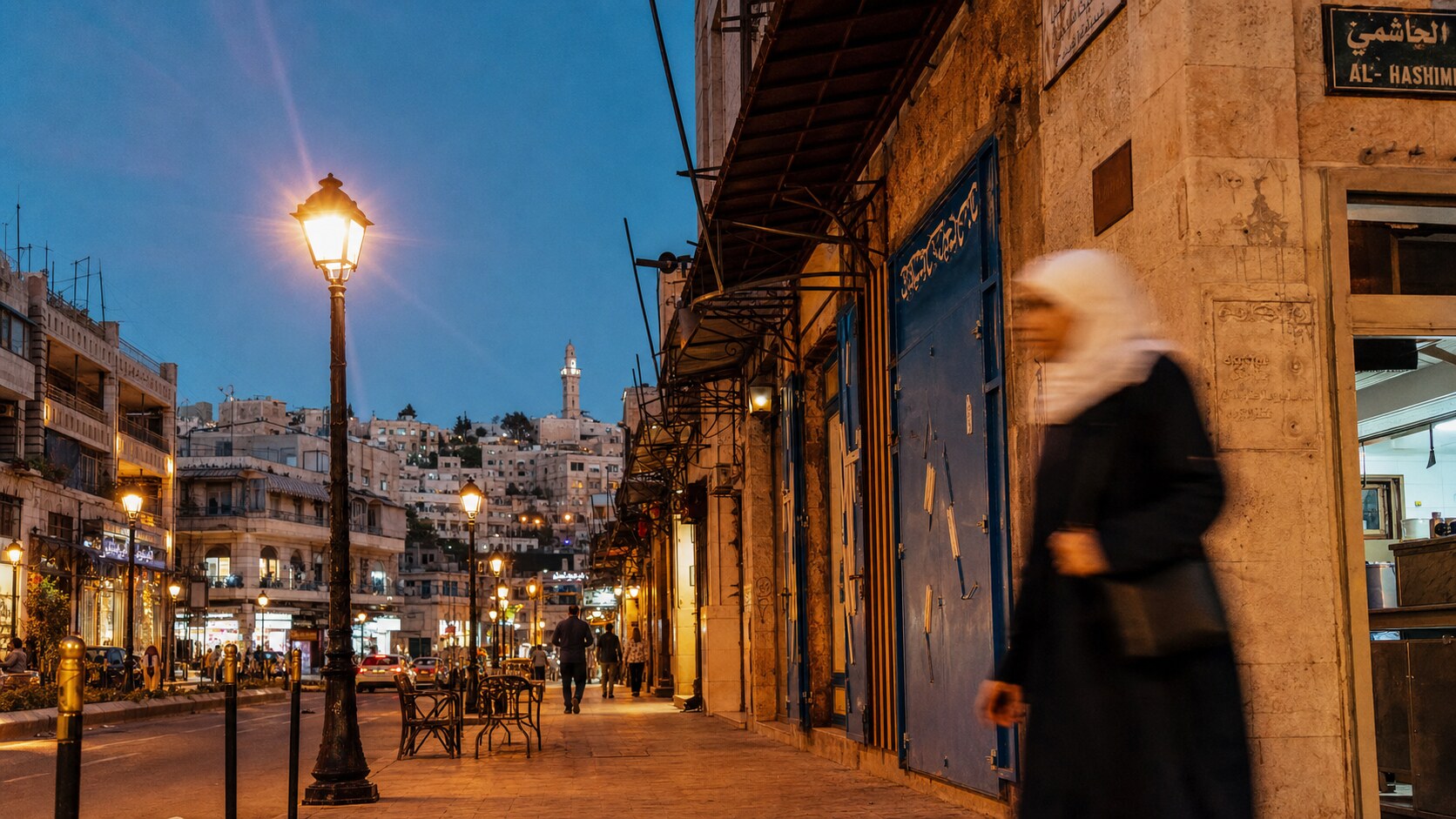 Blue hour street photography scene in Jordan during a guided photography tour, showing the kind of low-light composition tour photographers cover