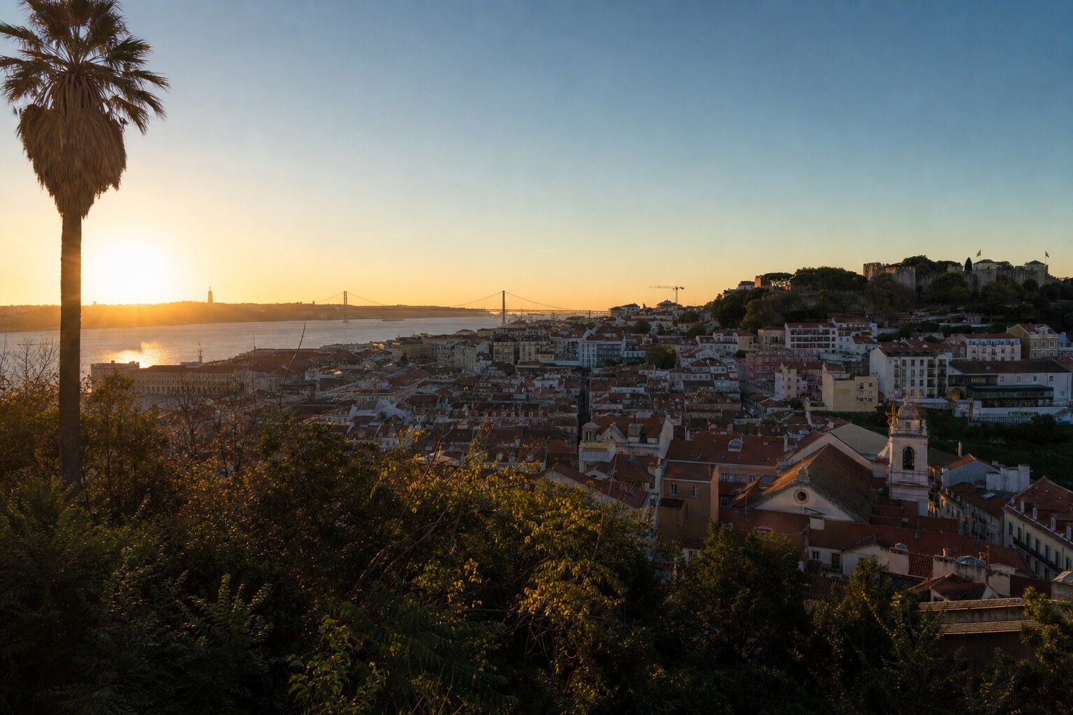 Lisbon photography tour at golden hour — wide landscape view from the main scenic vantage point used by photographer-led tours