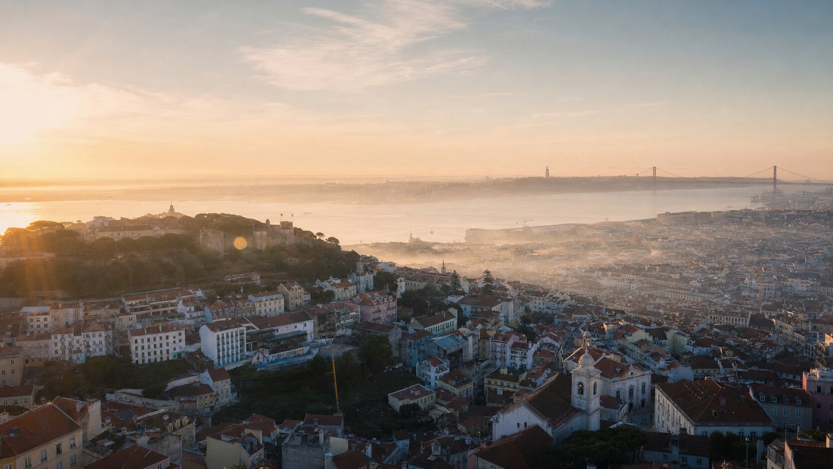 Sunrise aerial-style view of Lisbon, the signature opening shot most photography tours begin with