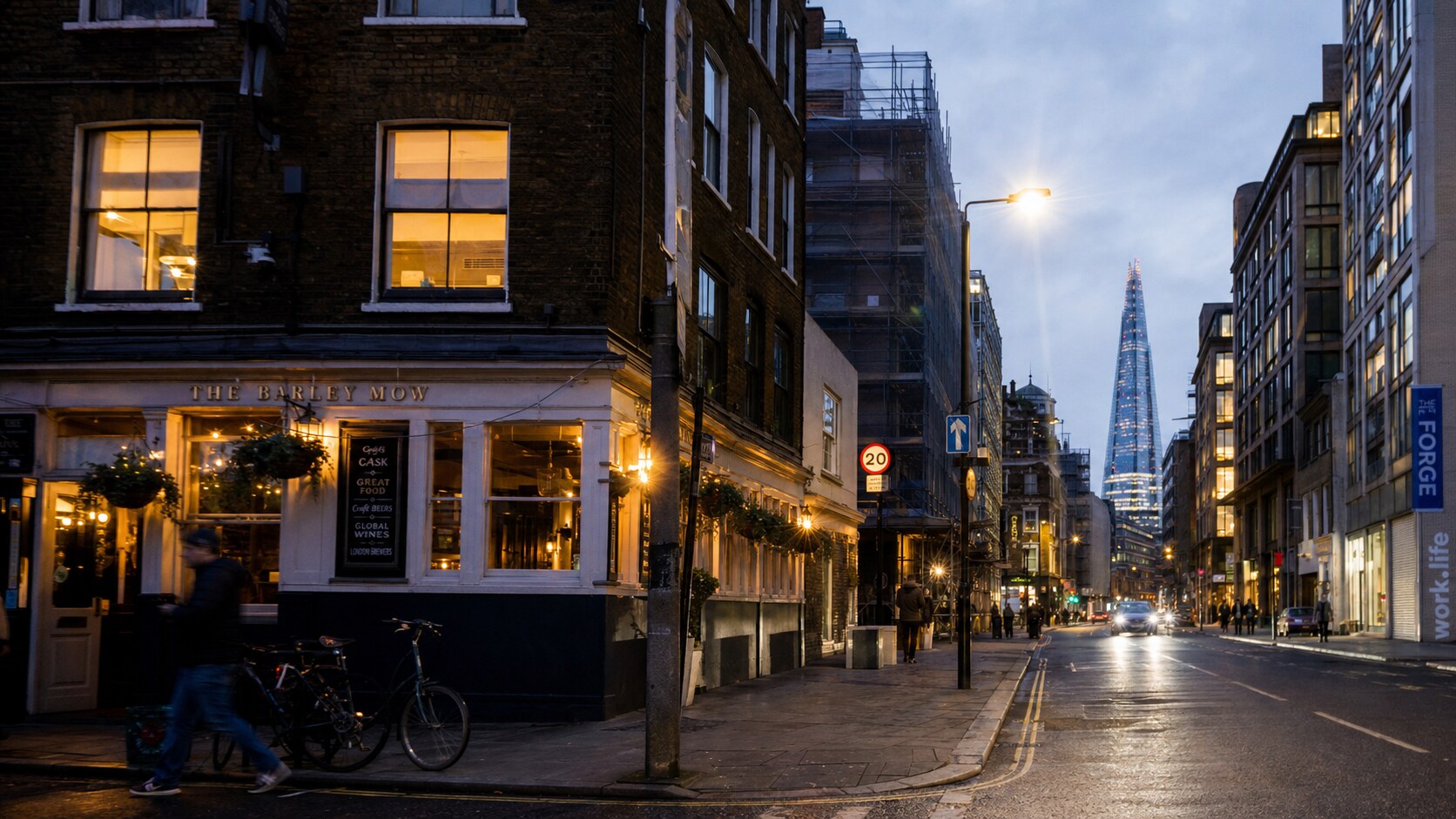 Blue hour street photography scene in London during a guided photography tour, showing the kind of low-light composition tour photographers cover