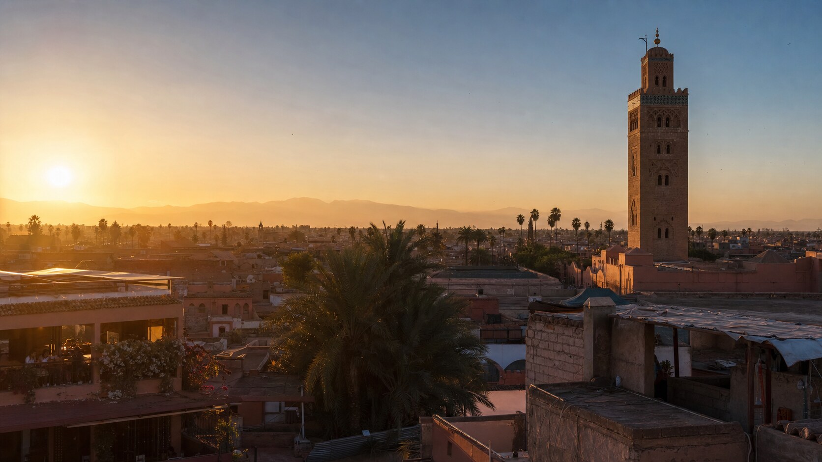 Marrakech photography tour at golden hour — wide landscape view from the main scenic vantage point used by photographer-led tours