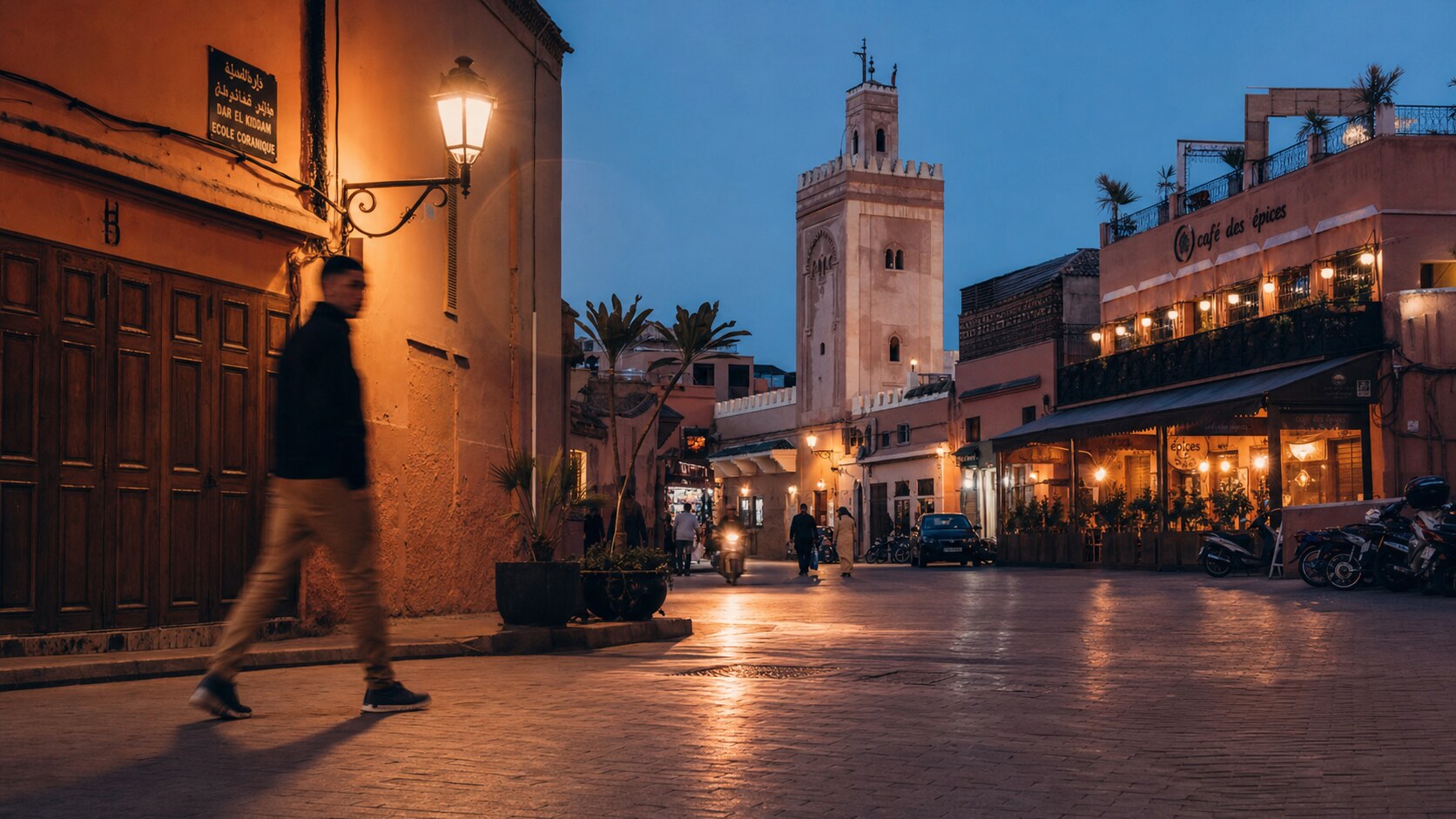 Blue hour street photography scene in Marrakech during a guided photography tour, showing the kind of low-light composition tour photographers cover