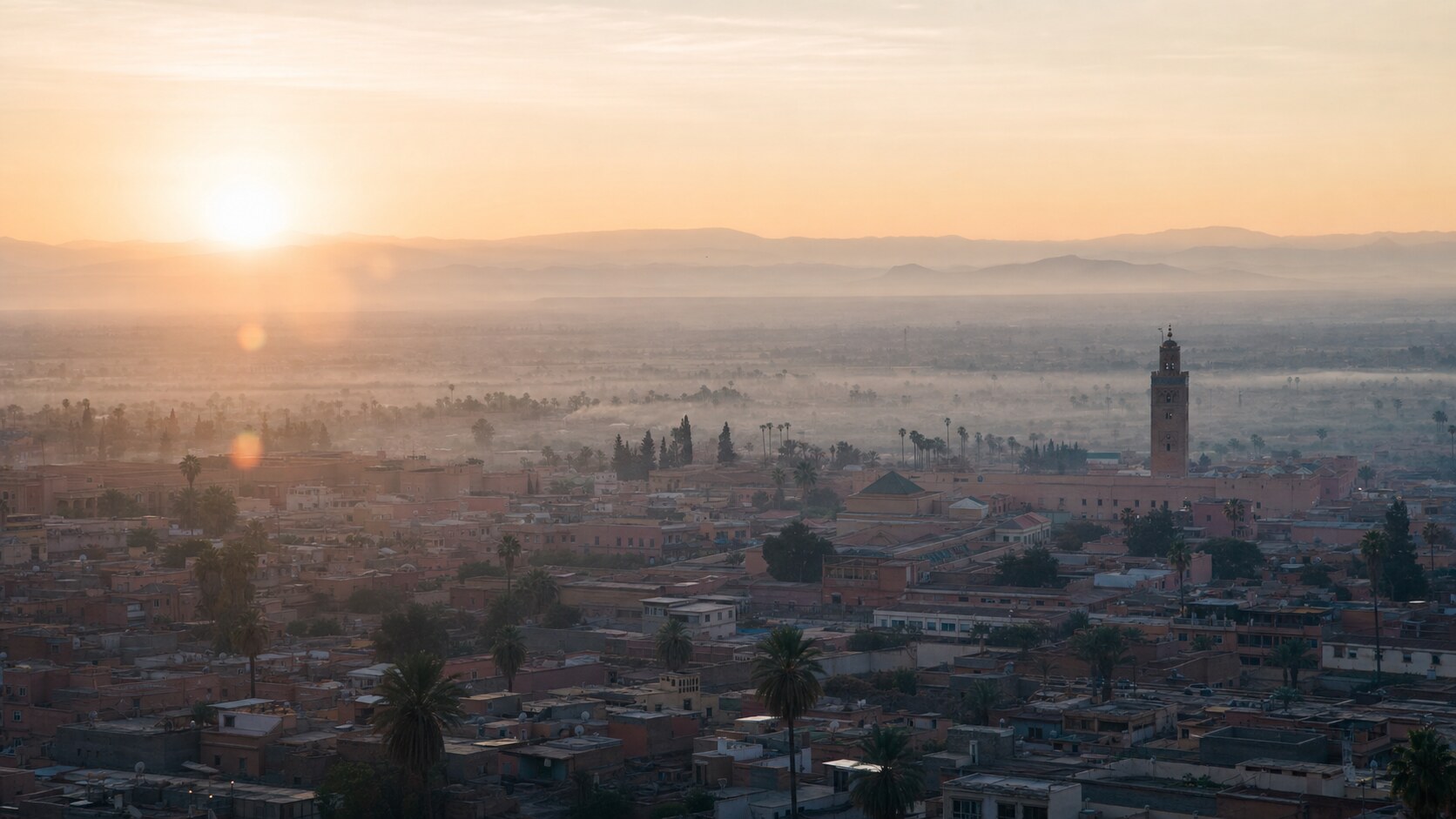 Sunrise aerial-style view of Marrakech, the signature opening shot most photography tours begin with