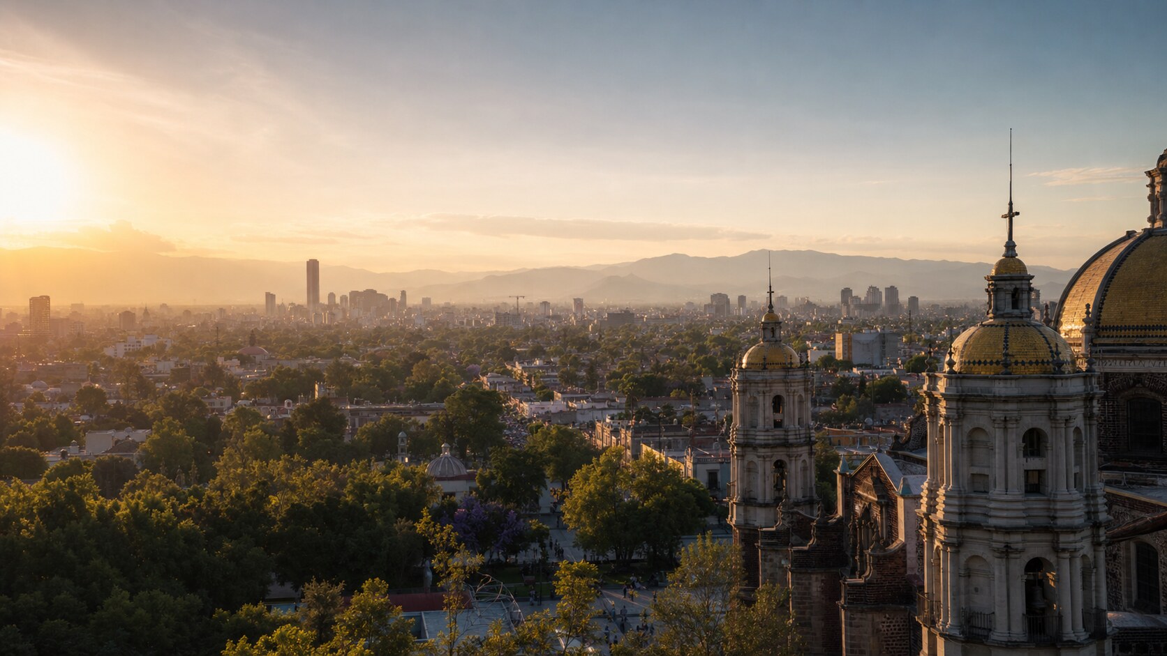 Mexico City photography tour at golden hour — wide landscape view from the main scenic vantage point used by photographer-led tours