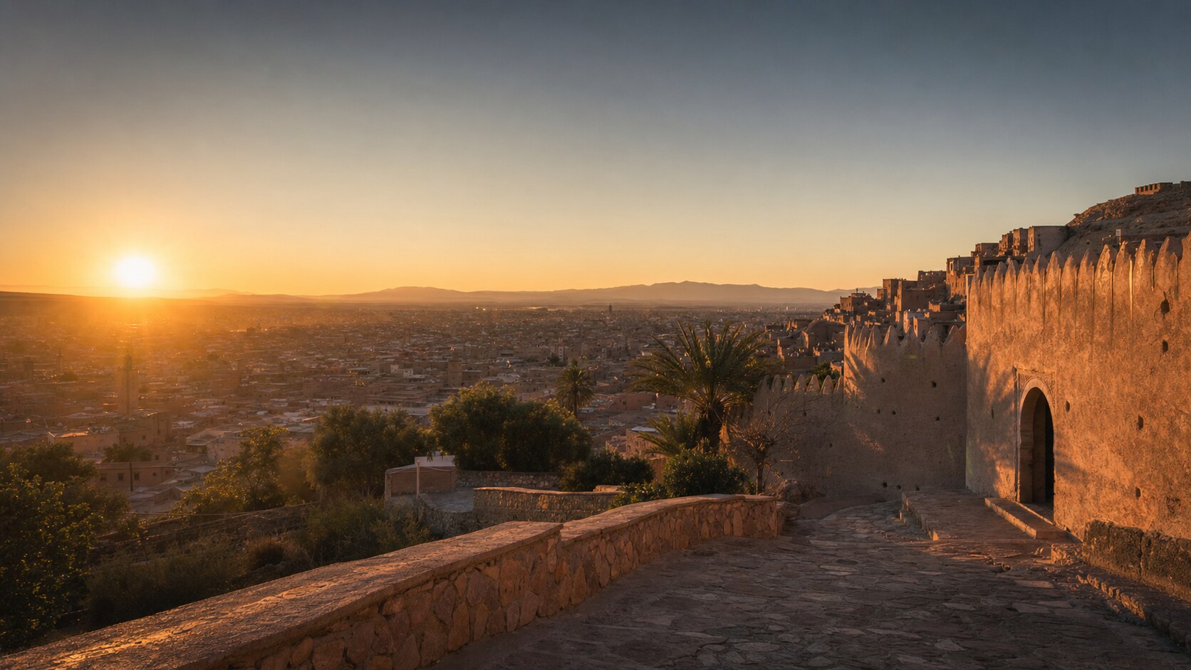 Morocco photography tour at golden hour — wide landscape view from the main scenic vantage point used by photographer-led tours
