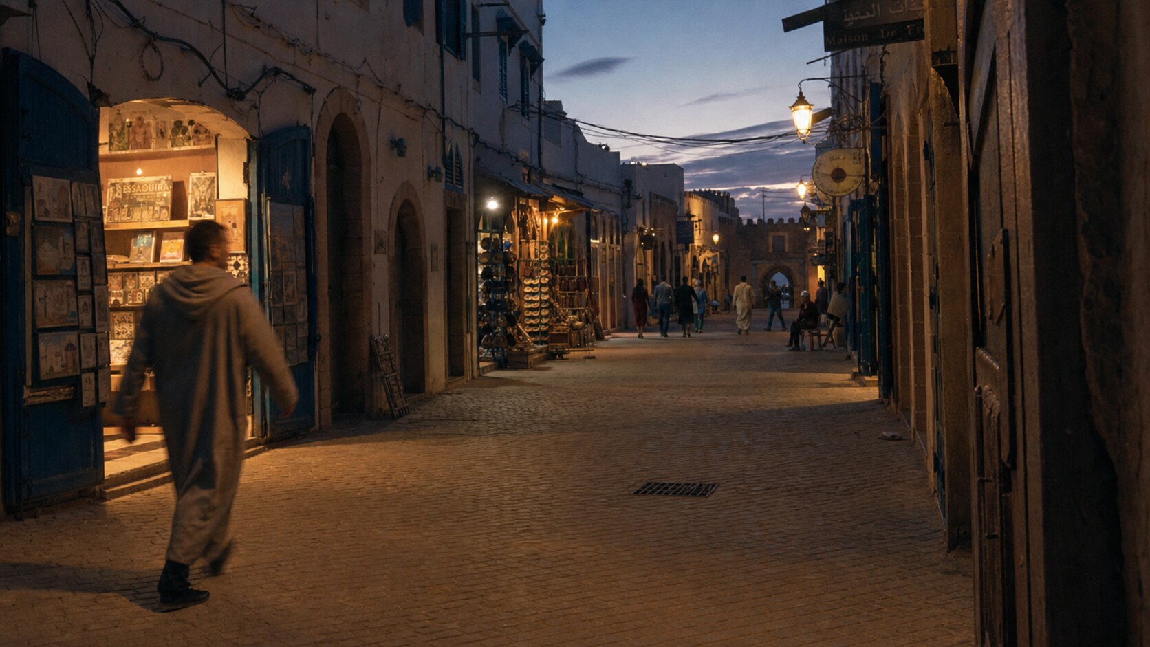 Blue hour street photography scene in Morocco during a guided photography tour, showing the kind of low-light composition tour photographers cover