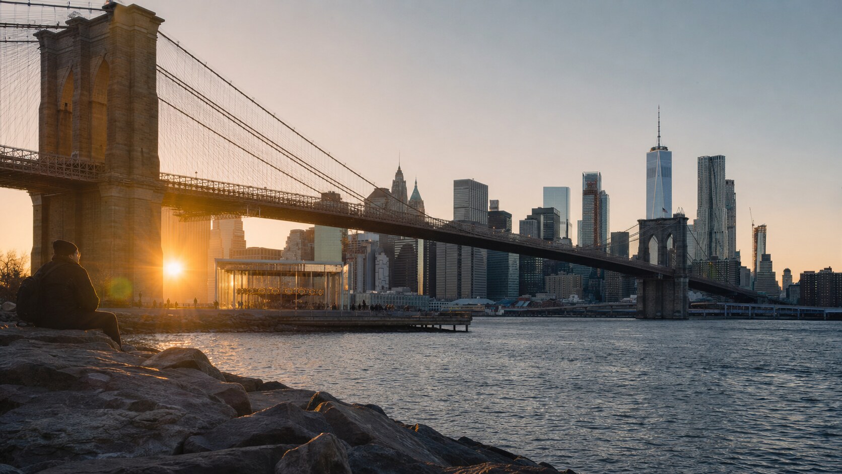 New York City photography tour at golden hour — wide landscape view from the main scenic vantage point used by photographer-led tours