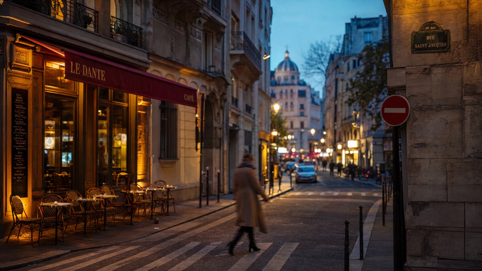 Blue hour street photography scene in Paris during a guided photography tour, showing the kind of low-light composition tour photographers cover