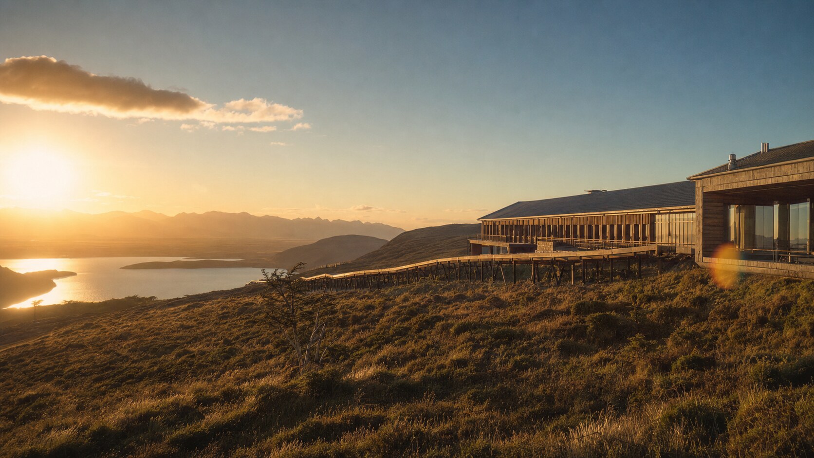 Patagonia photography tour at golden hour — wide landscape view from the main scenic vantage point used by photographer-led tours