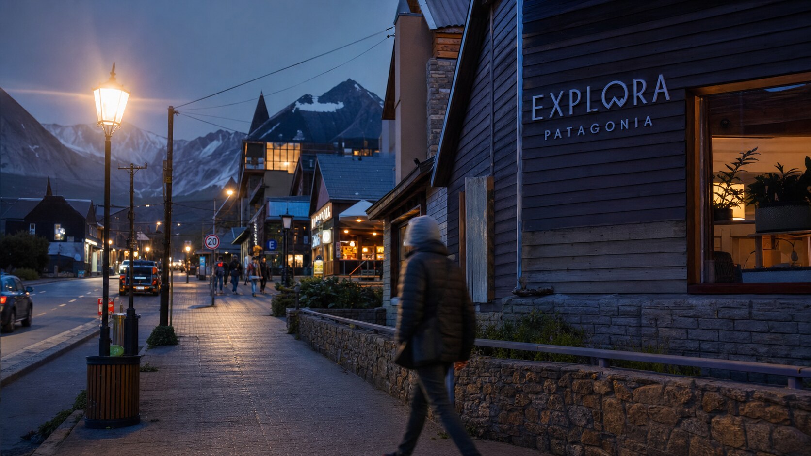 Blue hour street photography scene in Patagonia during a guided photography tour, showing the kind of low-light composition tour photographers cover