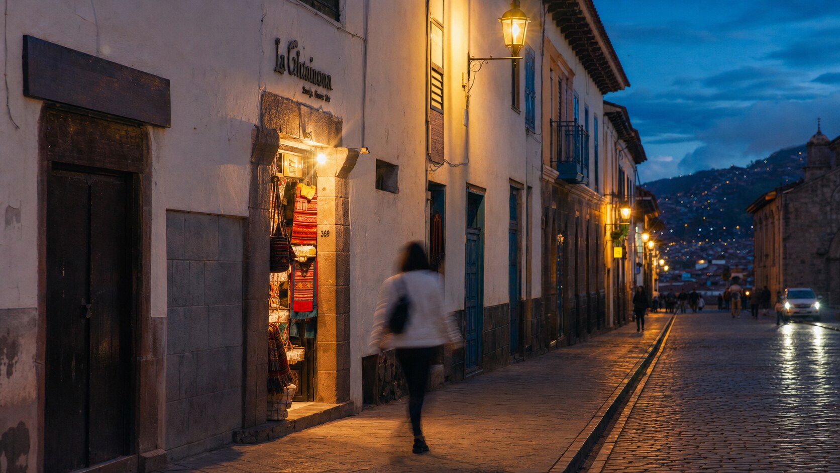 Blue hour street photography scene in Peru during a guided photography tour, showing the kind of low-light composition tour photographers cover