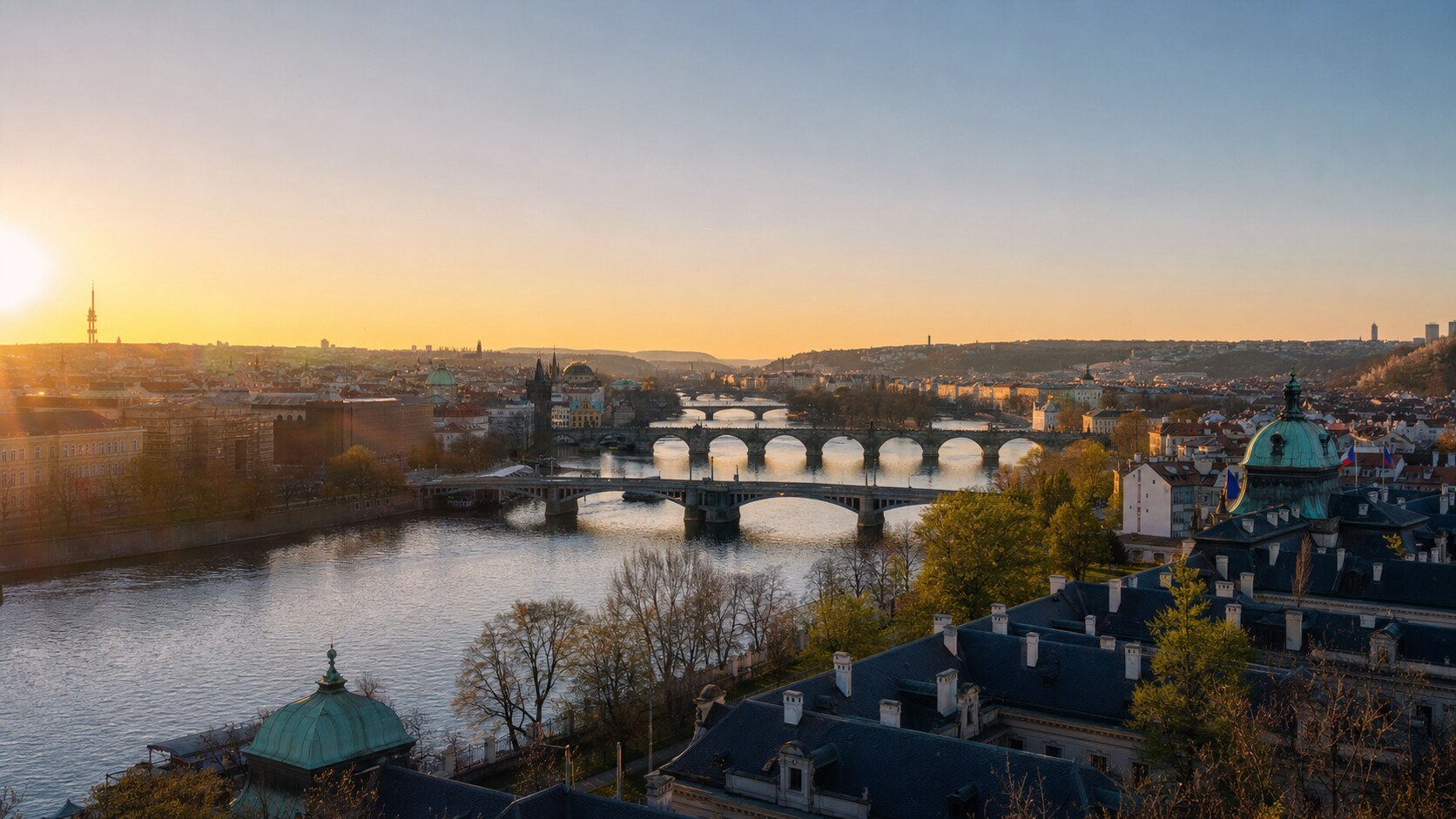 Prague photography tour at golden hour — wide landscape view from the main scenic vantage point used by photographer-led tours