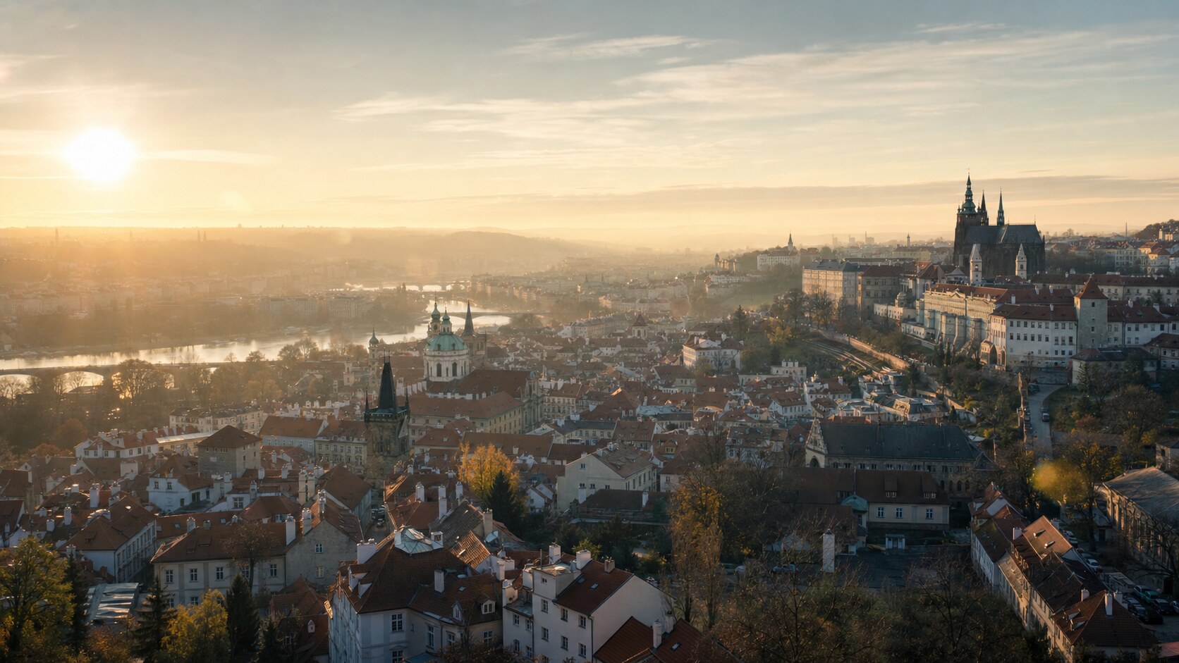 Sunrise aerial-style view of Prague, the signature opening shot most photography tours begin with