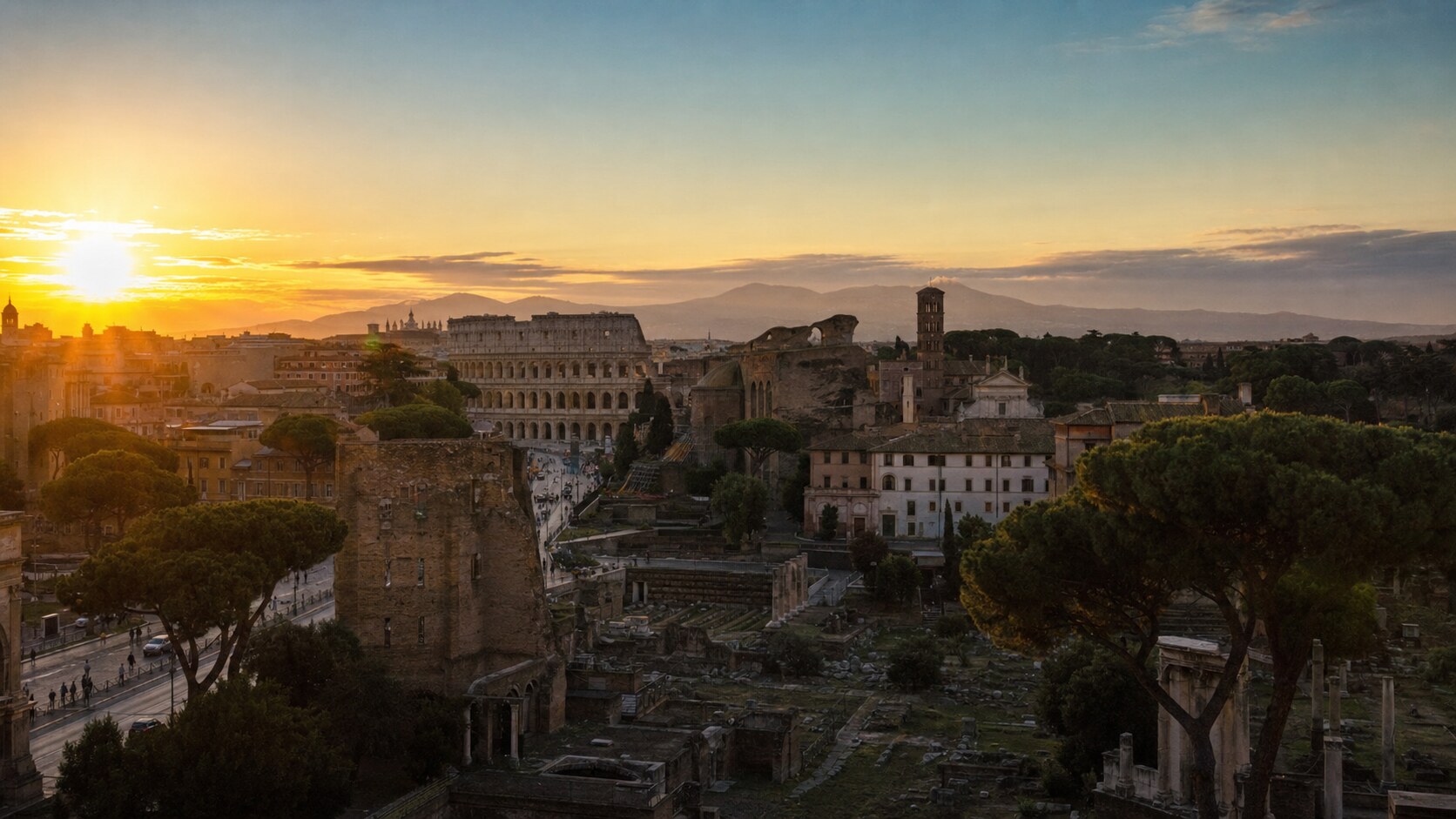 Rome photography tour at golden hour — wide landscape view from the main scenic vantage point used by photographer-led tours
