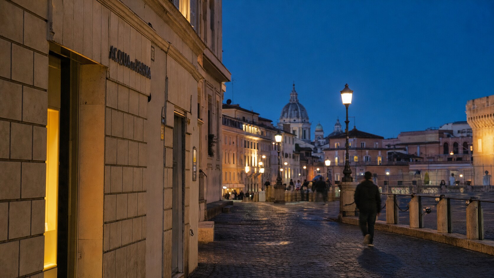 Blue hour street photography scene in Rome during a guided photography tour, showing the kind of low-light composition tour photographers cover