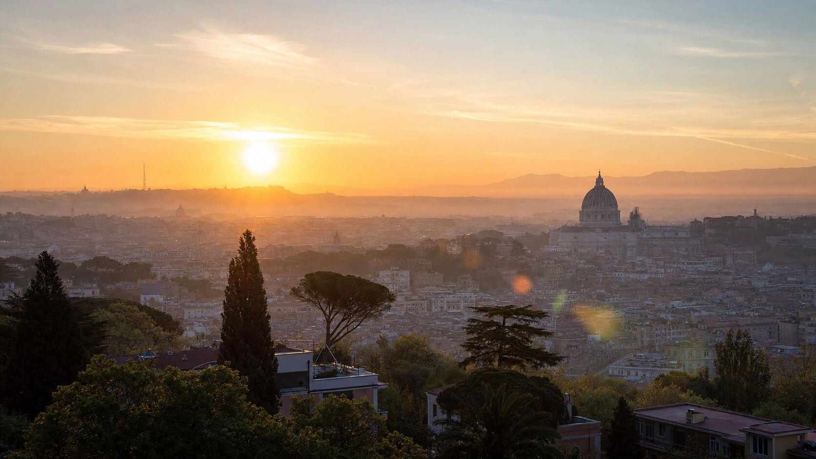 Sunrise aerial-style view of Rome, the signature opening shot most photography tours begin with