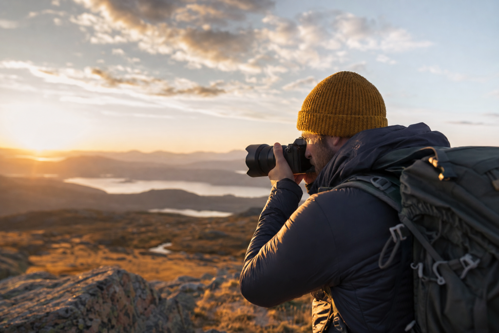 Photographer in action holding a camera at golden hour, environmental context, natural light