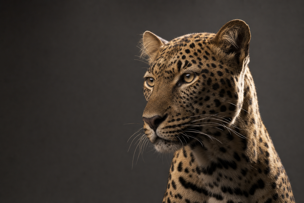 Studio-style portrait with single softbox key light, dramatic rim lighting, neutral background, photorealistic