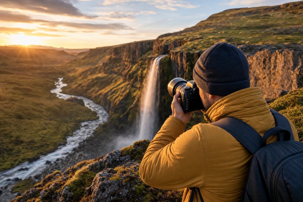 Photographer in action holding a camera at golden hour, environmental context, natural light