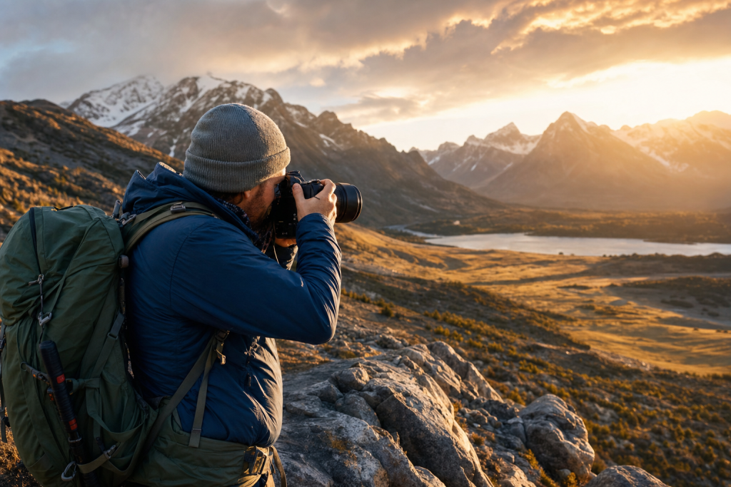 Photographer in action holding a camera at golden hour, environmental context, natural light