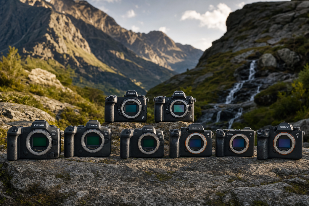 R6 II, R8) vs Nikon (Z6 III, Z8) vs Sony (A7 IV, A7C II, A1), cinematic light, photorealistic, magazine quality