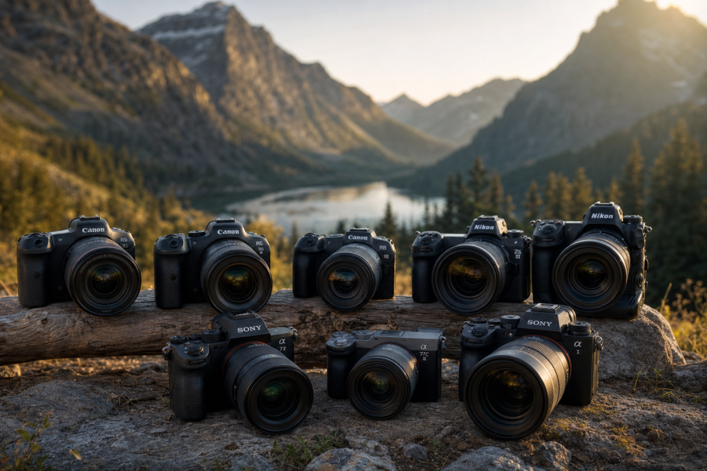 Atmospheric scene related to Canon (R5, R6 II, R8) vs Nikon (Z6 III, Z8) vs Sony (A7 IV, A7C II, A1), soft directional light