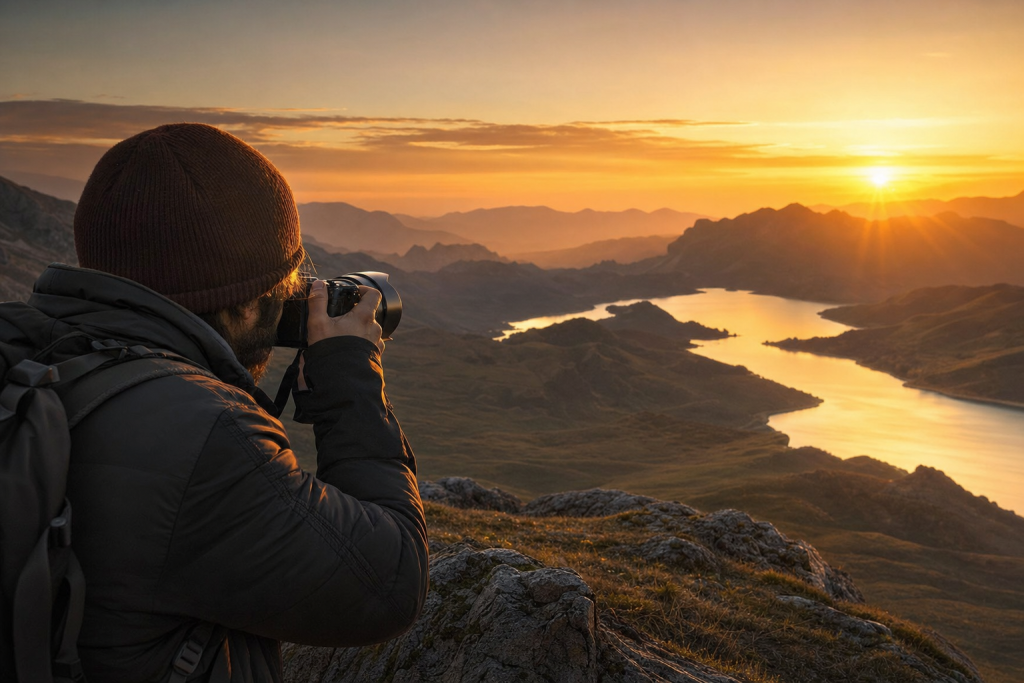 Photographer in action holding a camera at golden hour, environmental context, natural light
