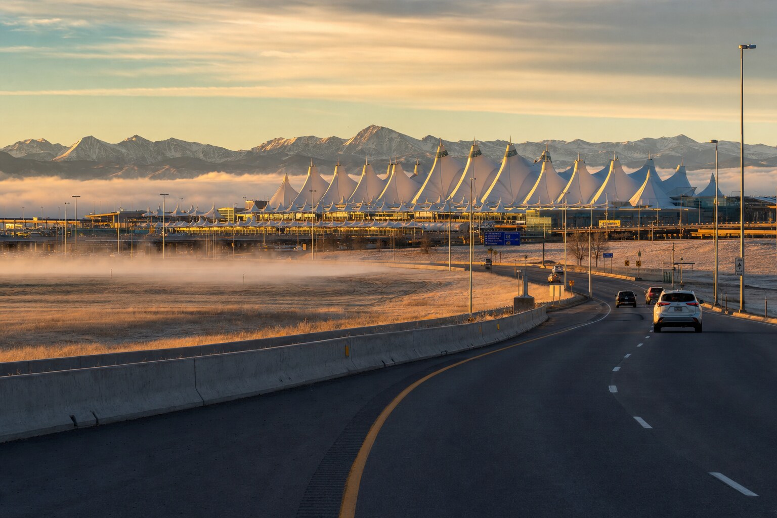 Denver International Airport tent-peak roof at sunrise with snowcapped Rockies behind, from Pena Boulevard