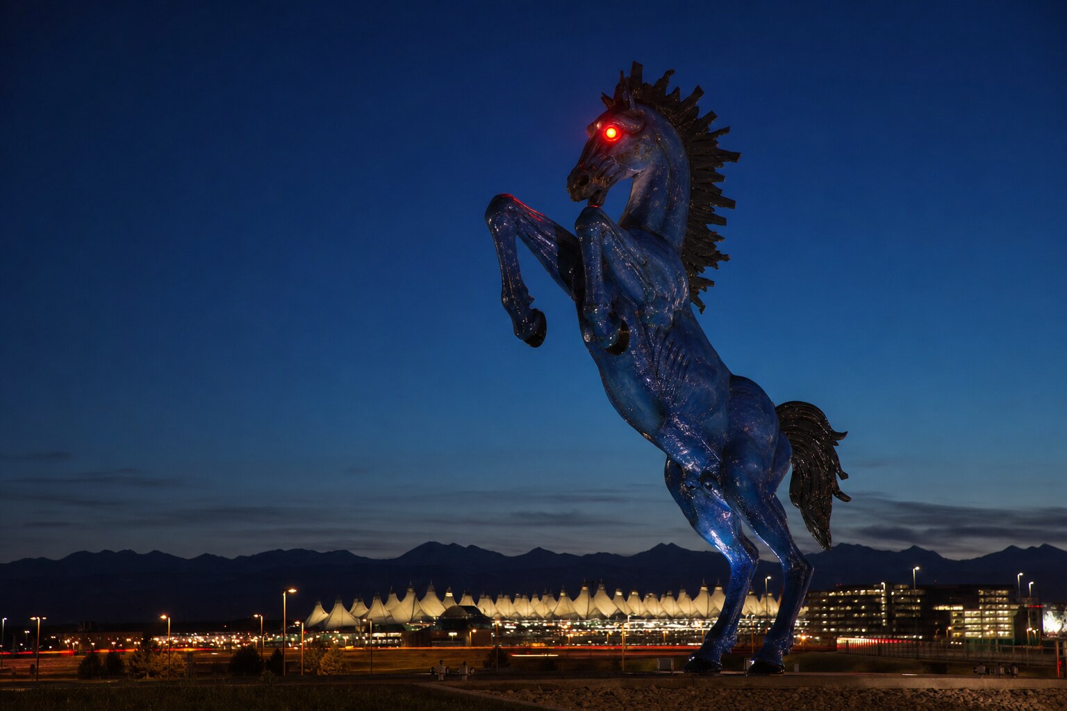 Blucifer Blue Mustang sculpture with glowing red eyes at Denver airport on Pena Boulevard at blue hour
