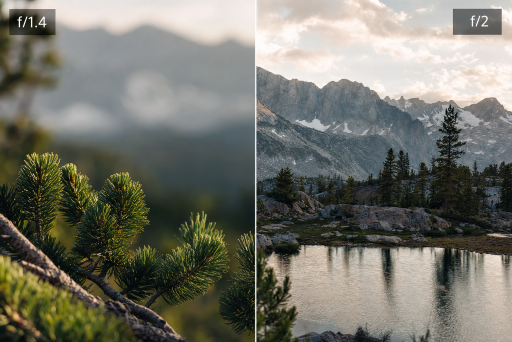 Wide-angle golden-hour view of Depth of field f/1.4 vs f/2 (Shut Your Aperture Guide) with dramatic sky and warm directional 