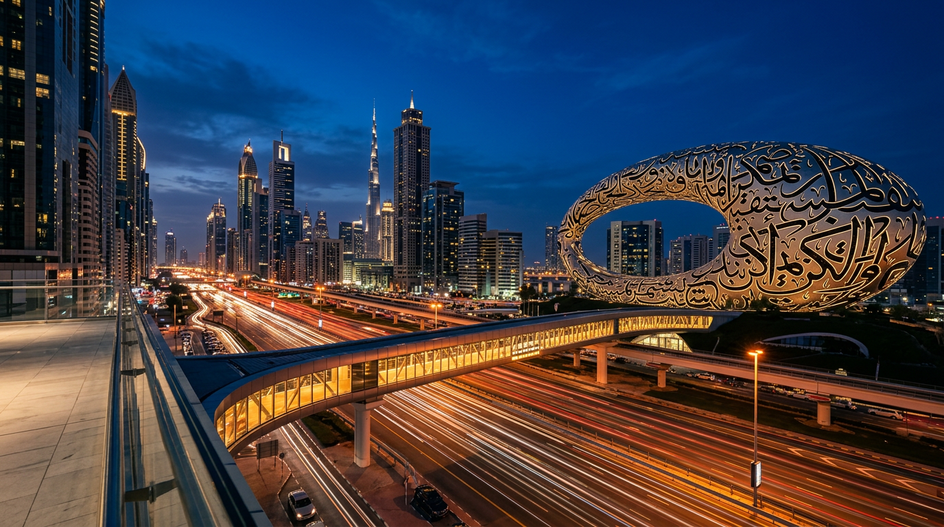Sheikh Zayed Road Skyline — Museum of the Future Passageway Dubai photography sample