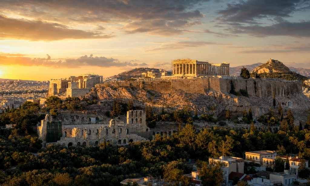 Es Best Photography Spots in Athens at golden hour, iconic landmarks visible, dramatic warm