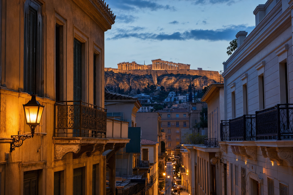 Street view in Es Best Photography Spots in Athens, leading lines, architectural detail, blue hour with mixed
