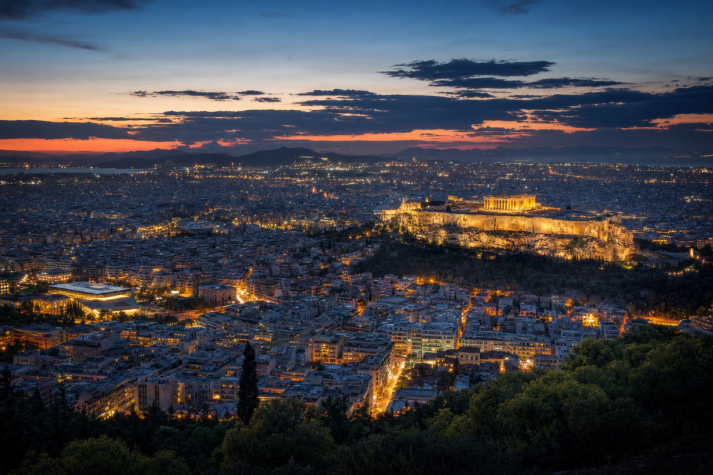 High-vantage view of Es Best Photography Spots in Athens during blue hour, glowing city lights, subtle motion