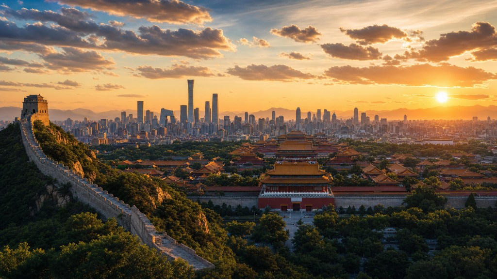 Es Best Photography Spots in Beijing at golden hour, iconic landmarks visible, dramatic warm