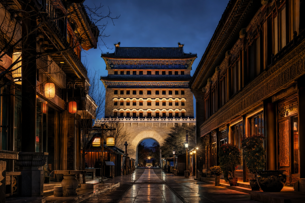 Street view in Es Best Photography Spots in Beijing, leading lines, architectural detail, blue hour with mixed