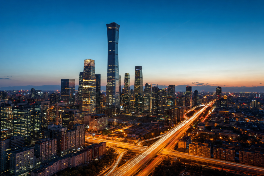 High-vantage view of Es Best Photography Spots in Beijing during blue hour, glowing city lights, subtle motion
