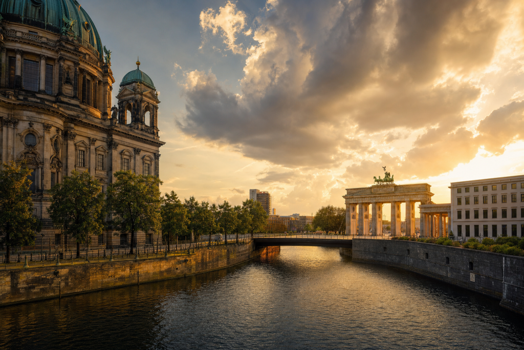 Es Best Photography Spots in Berlin at golden hour, iconic landmarks visible, dramatic warm