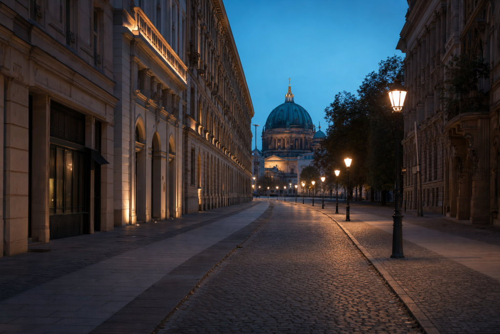 Street view in Es Best Photography Spots in Berlin, leading lines, architectural detail, blue hour with mixed