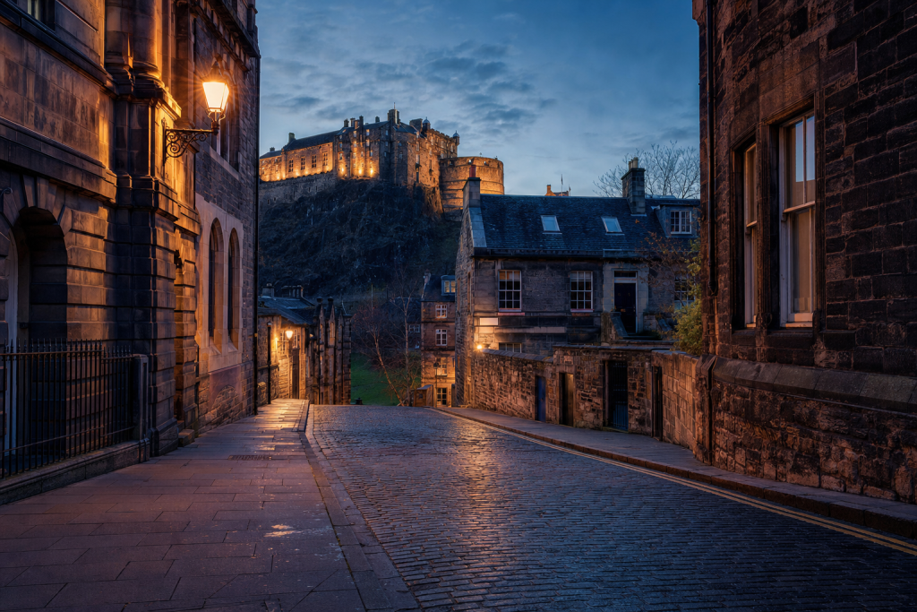 Street view in Es Best Photography Spots in Edinburgh, leading lines, architectural detail, blue hour with