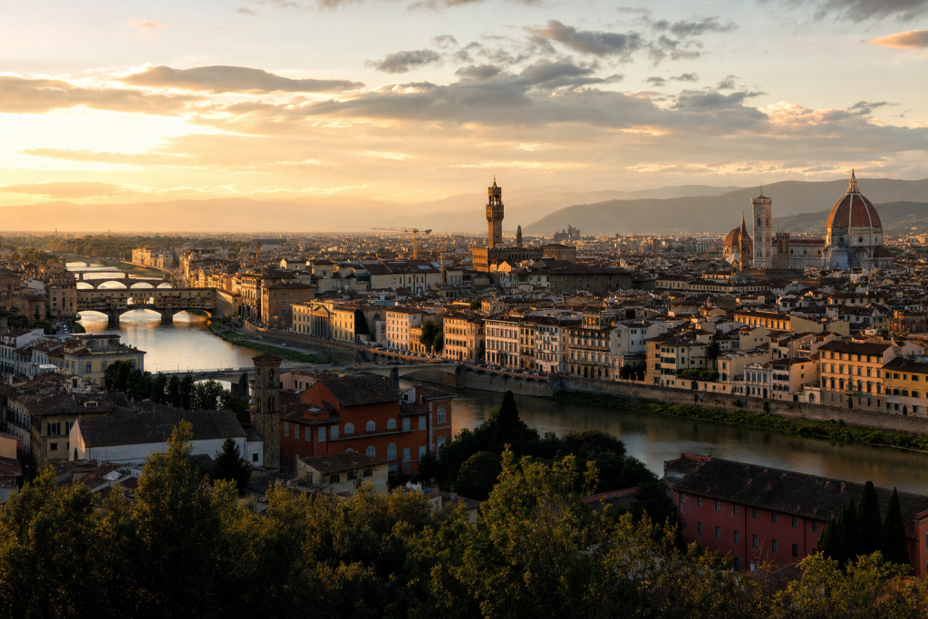 Es Best Photography Spots in Florence at golden hour, iconic landmarks visible, dramatic