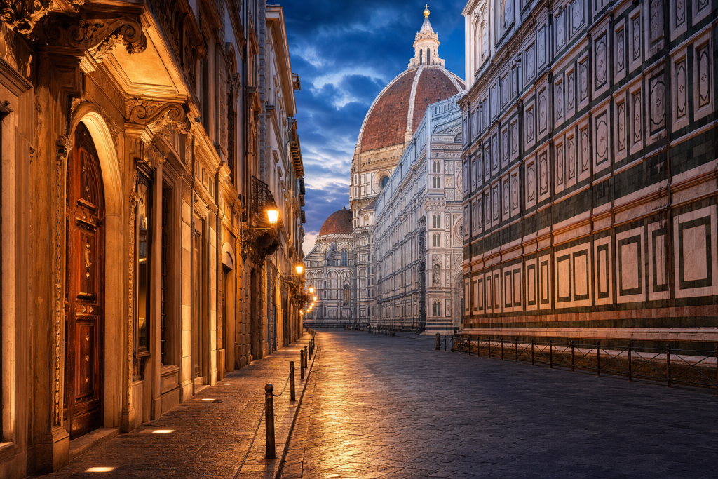 Street view in Es Best Photography Spots in Florence, leading lines, architectural detail, blue hour with mixed