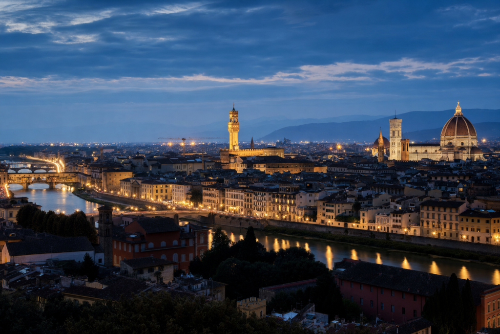 High-vantage view of Es Best Photography Spots in Florence during blue hour, glowing city lights, subtle motion